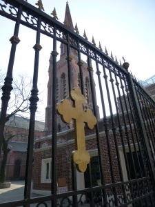 the locked gates to the former Holy Trinity cathedral